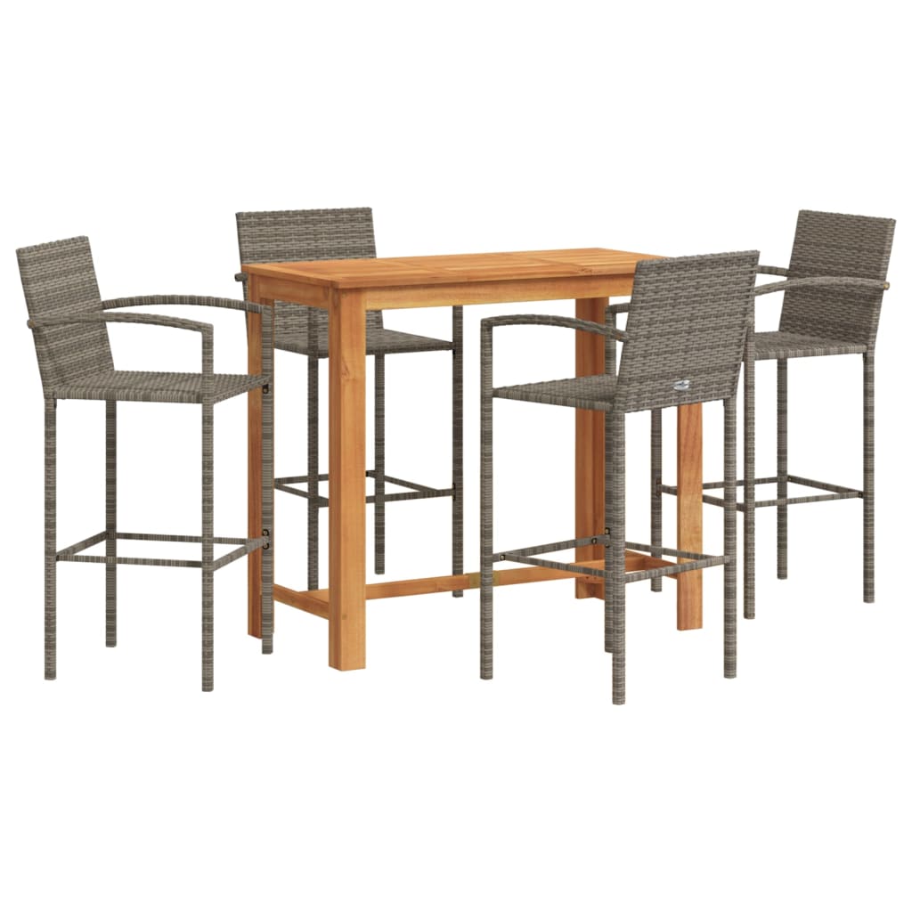 5 Piece Garden Bar Set Grey Solid Wood Acacia and Poly Rattan