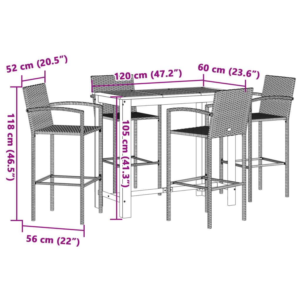 5 Piece Garden Bar Set Grey Solid Wood Acacia and Poly Rattan