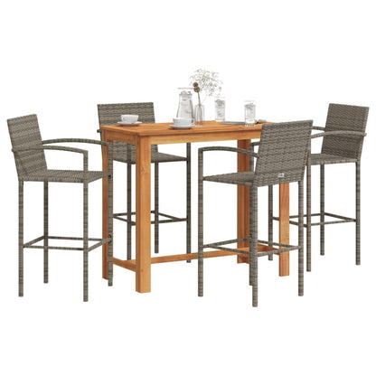 5 Piece Garden Bar Set Grey Solid Wood Acacia and Poly Rattan