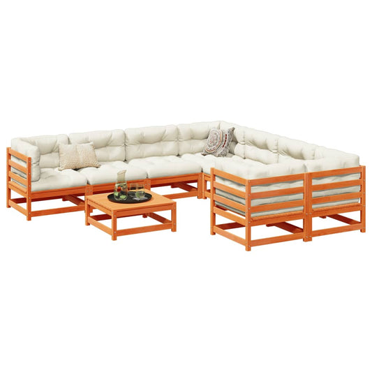 9 Piece Garden Sofa Set with Cushions Wax Brown Solid Wood Pine