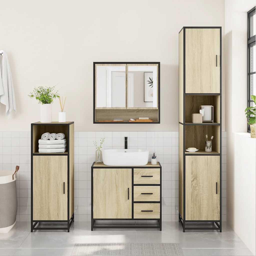 4 Piece Bathroom Furniture Set Smoked Oak Engineered Wood