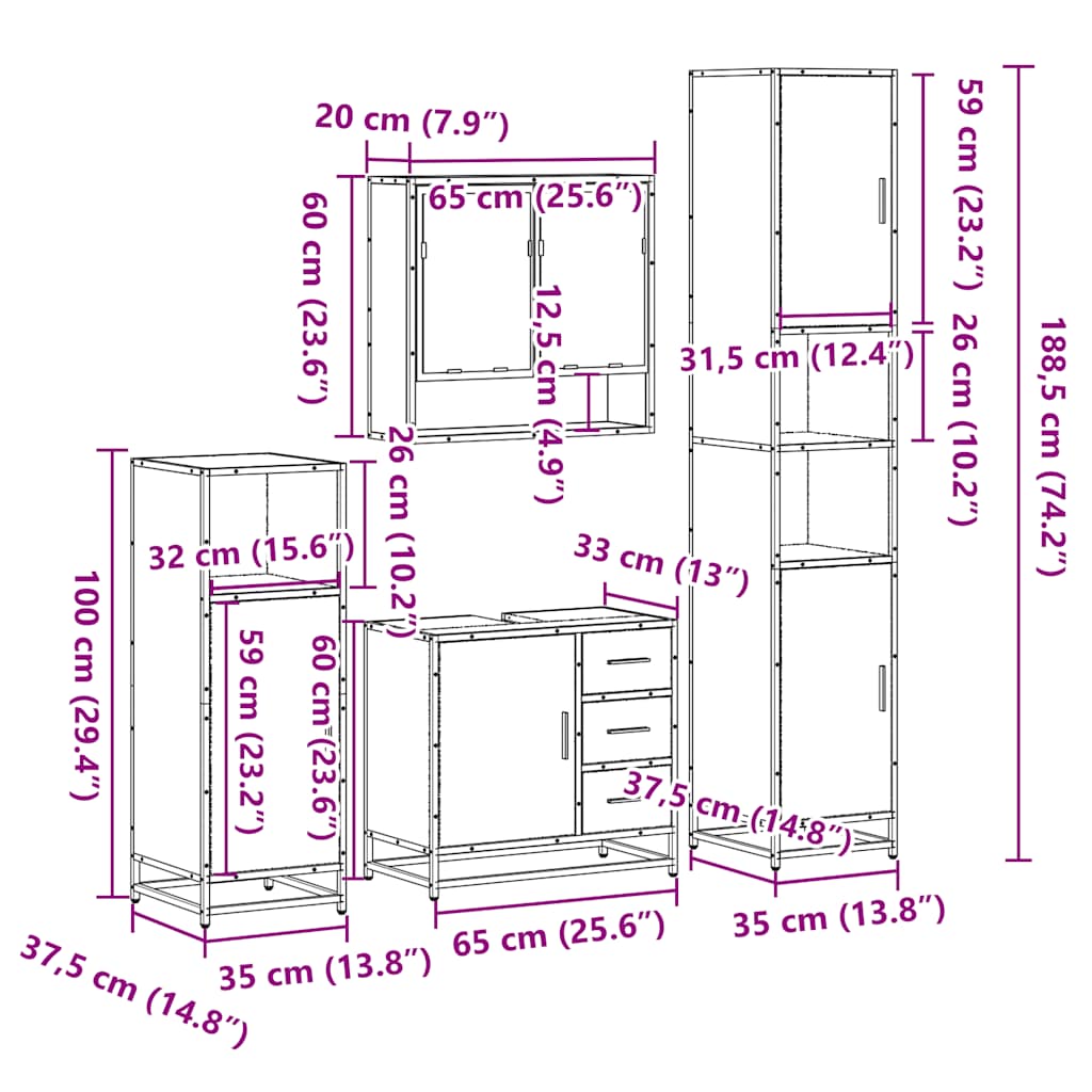 4 Piece Bathroom Furniture Set Smoked Oak Engineered Wood