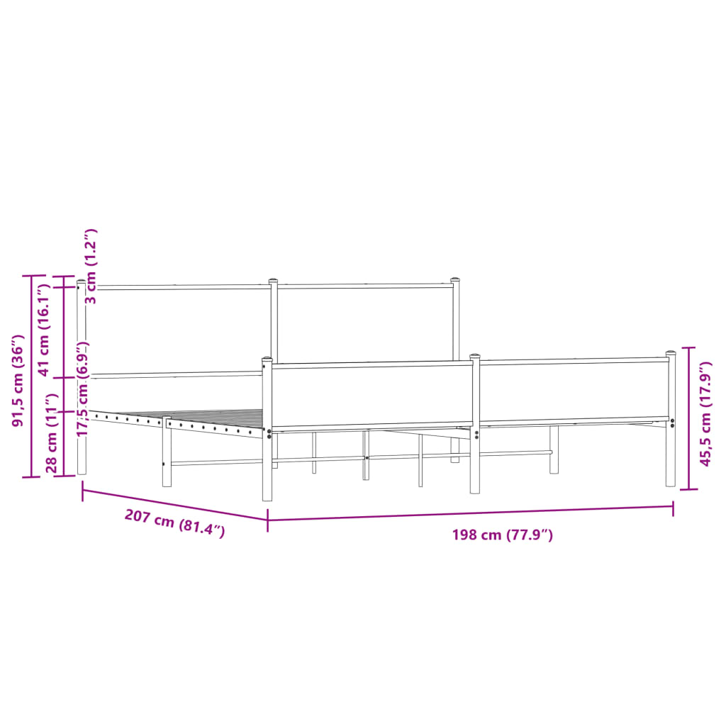 Metal Bed Frame without Mattress Sonoma Oak 193x203 cm
