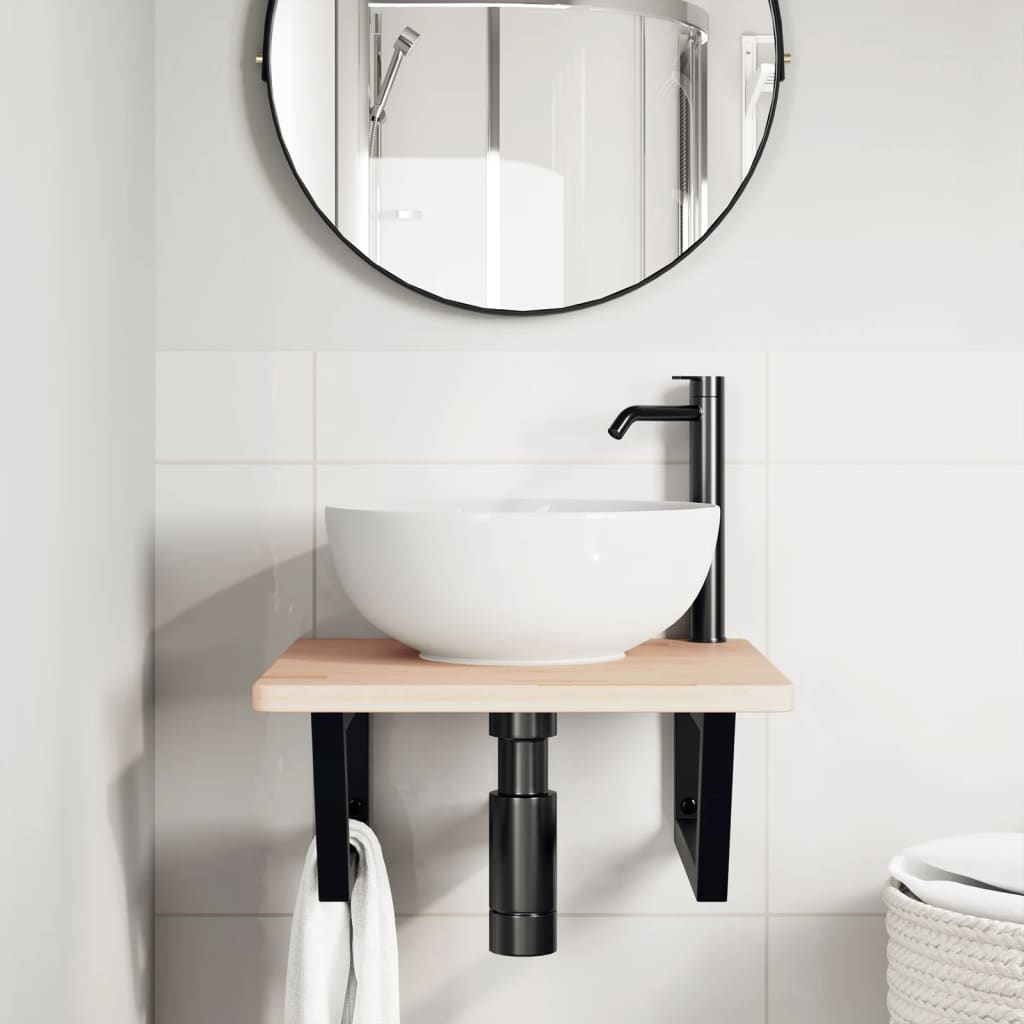 Basin Shelf Wall Mounted Steel and Solid Wood Oak