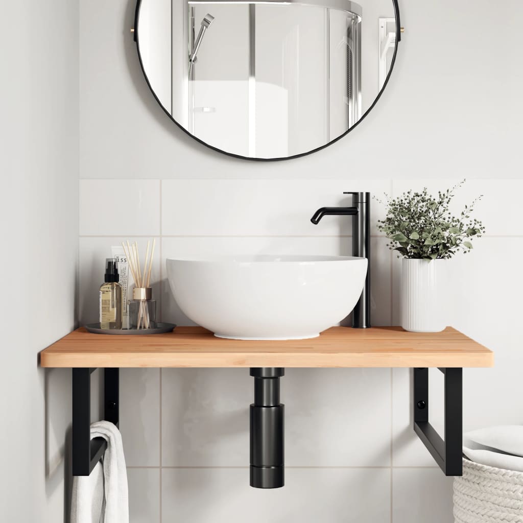 Basin Shelf Wall Mounted Steel and Solid Wood Beech