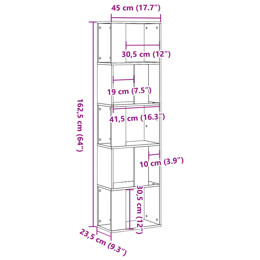 Bookcase 5-Tier Black 45x23.5x162.5 cm Engineered Wood