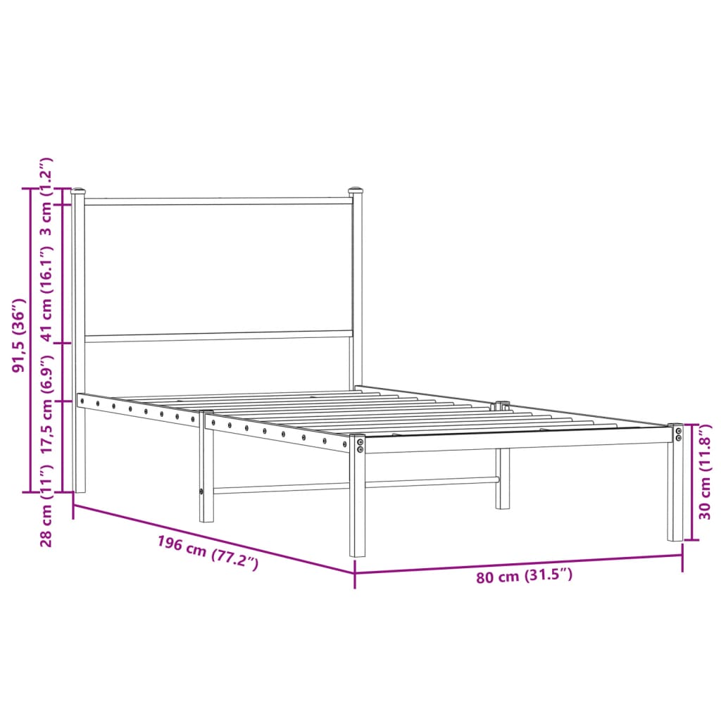 Metal Bed Frame without Mattress Smoked Oak 75x190 cm Small Single