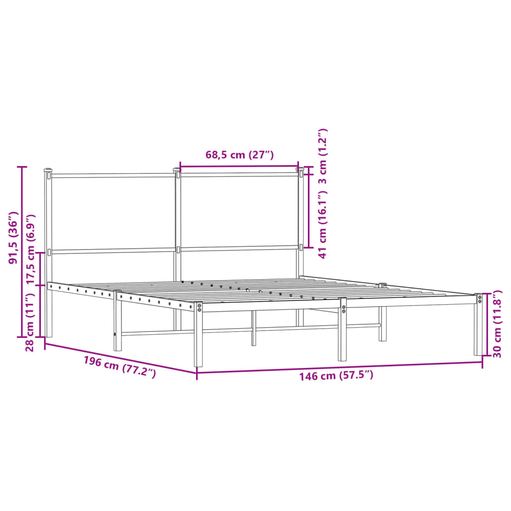 Metal Bed Frame without Mattress Sonoma Oak 140x190 cm
