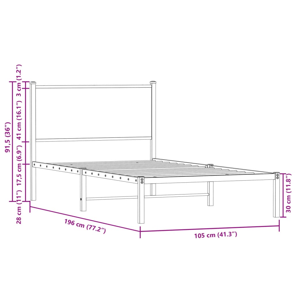 Metal Bed Frame without Mattress Brown Oak 100x190 cm