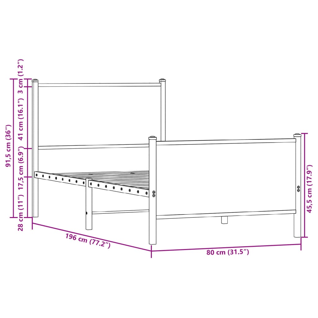 Metal Bed Frame without Mattress Brown Oak 75x190 cm Small Single