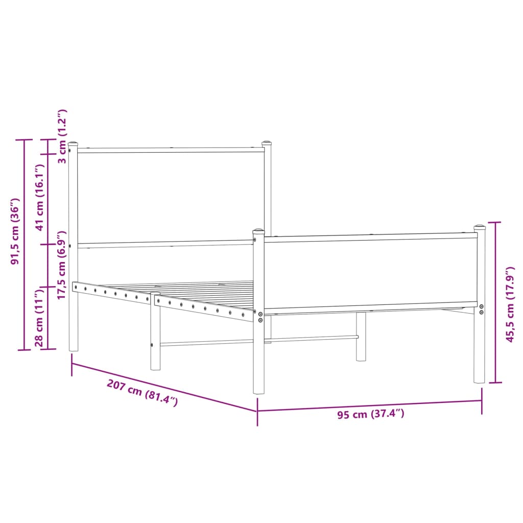 Metal Bed Frame without Mattress Smoked Oak 90x200 cm