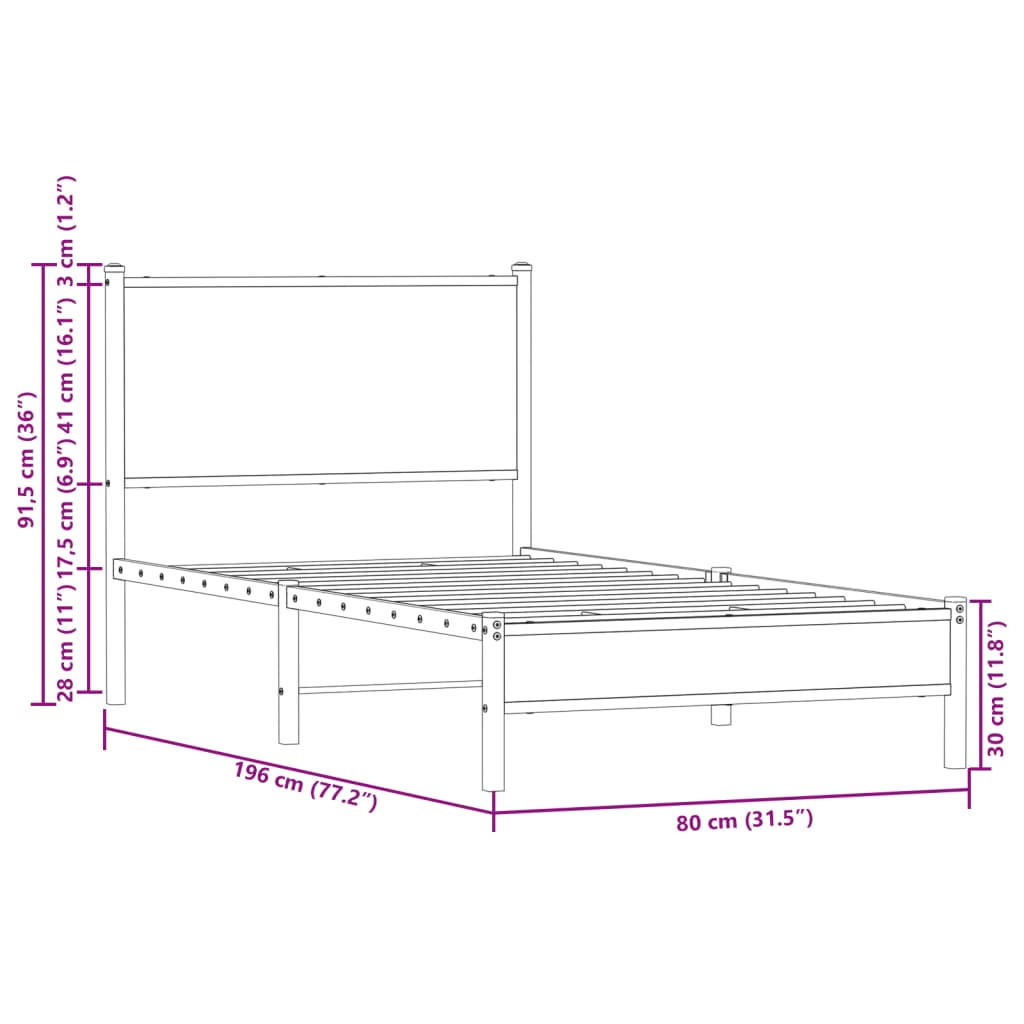Metal Bed Frame without Mattress Sonoma Oak 75x190 cm Small Single