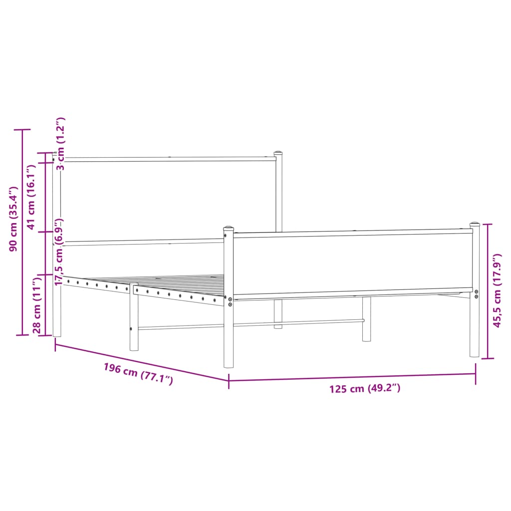 Metal Bed Frame without Mattress Brown Oak 120x190 cm Small Double