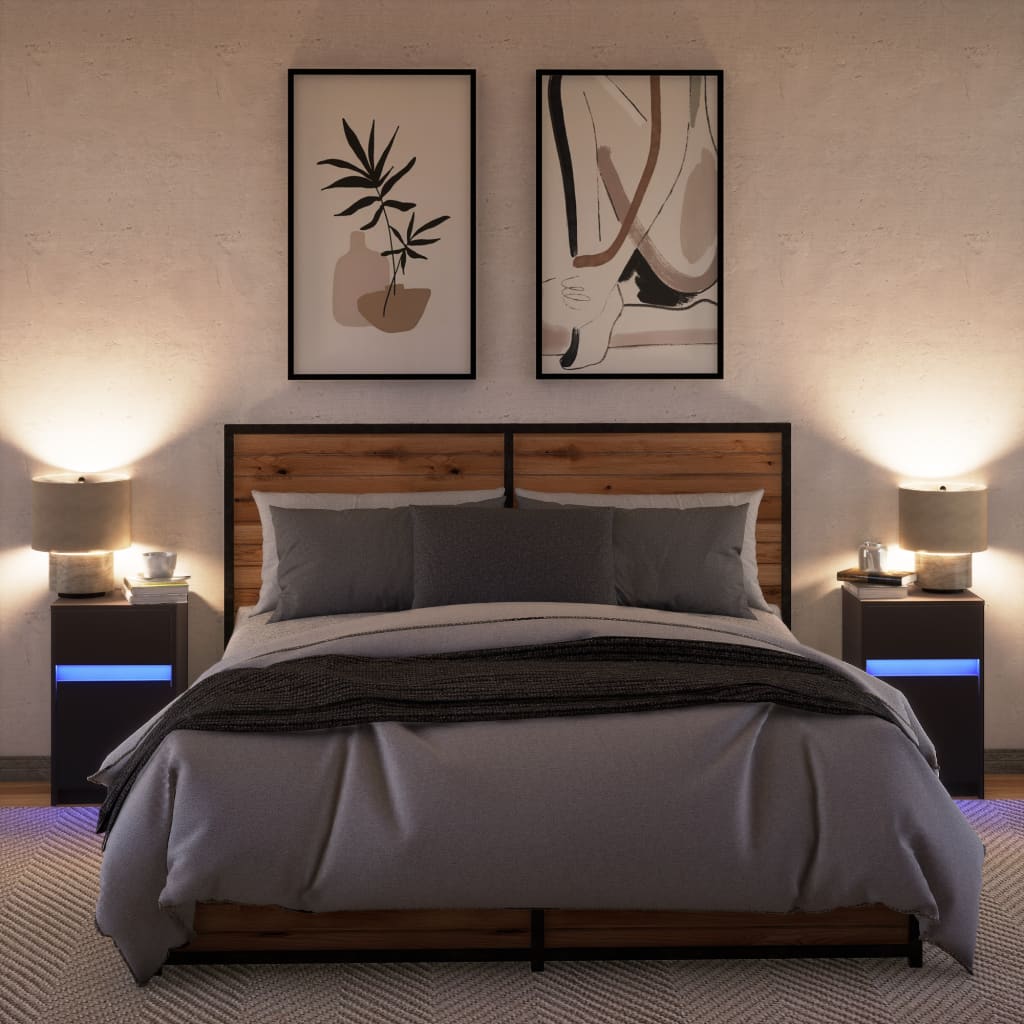 Bedside Cabinets with LED Lights 2 pcs Black Engineered Wood