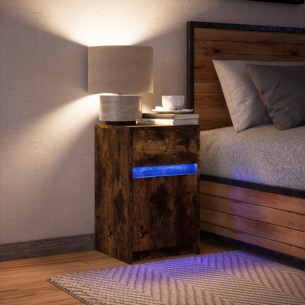 Bedside Cabinet with LED Lights Smoked Oak Engineered Wood