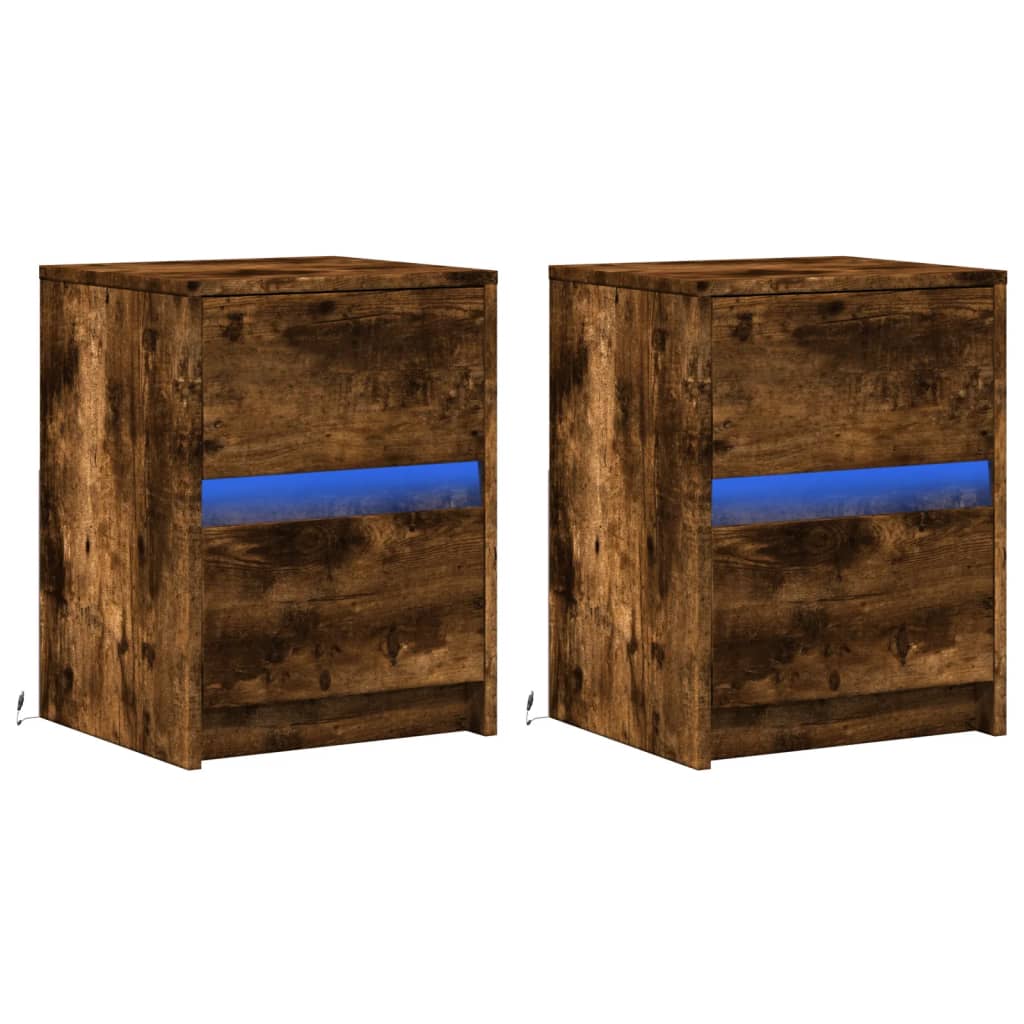 Bedside Cabinets with LED Lights 2 pcs Smoked Oak Engineered Wood