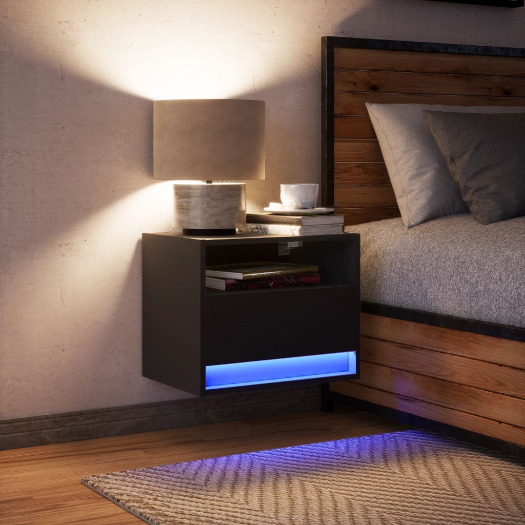 Wall-mounted Bedside Cabinet with LED Lights Black