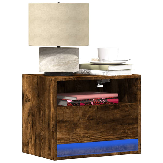 Wall-mounted Bedside Cabinet with LED Lights Smoked Oak