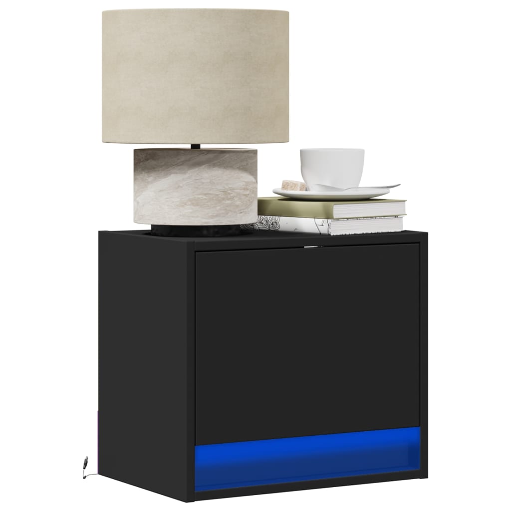 Wall-mounted Bedside Cabinet with LED Lights Black