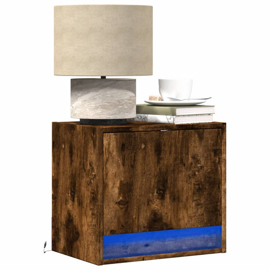 Wall-mounted Bedside Cabinet with LED Lights Smoked Oak