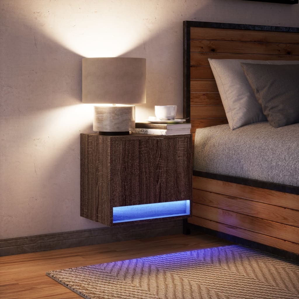 Wall-mounted Bedside Cabinet with LED Lights Brown Oak