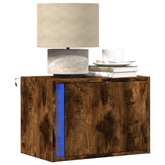 Wall-mounted Bedside Cabinet with LED Lights Smoked Oak