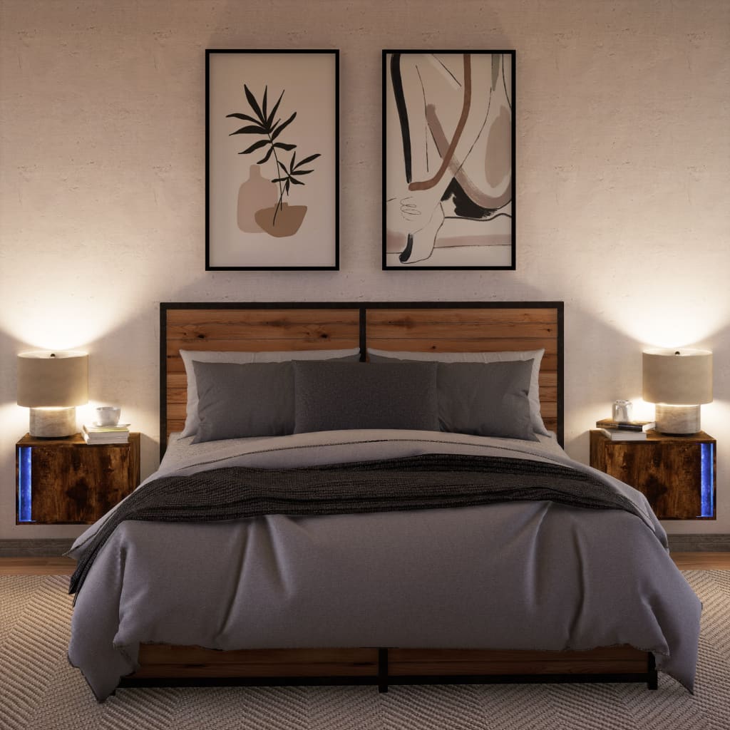 Wall-mounted Bedside Cabinets with LED Lights 2 pcs Smoked Oak