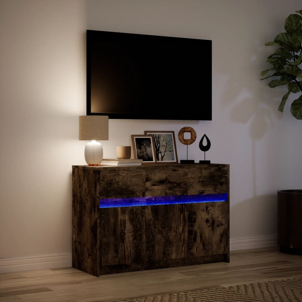 TV Cabinet with LED Smoked Oak 91x34x61 cm Engineered Wood