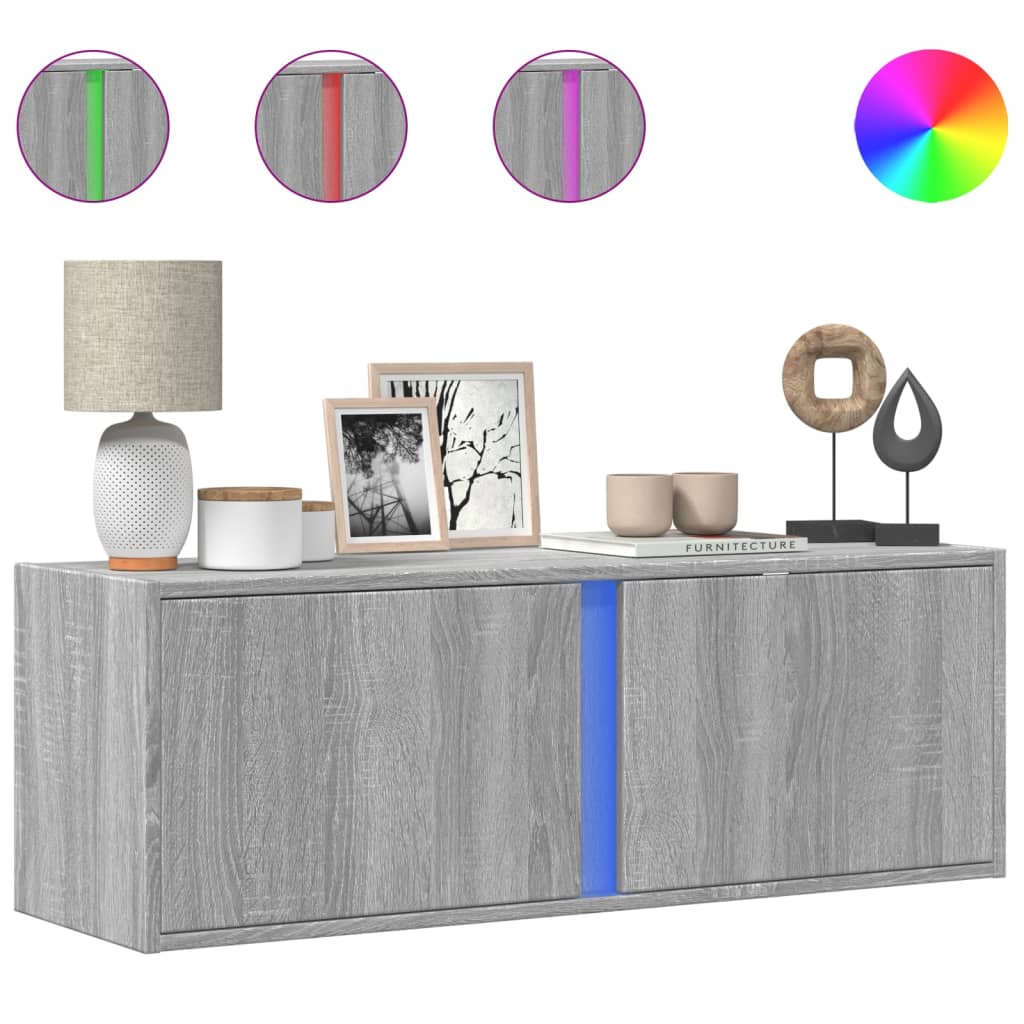 TV Wall Cabinet with LED Lights Grey Sonoma 100x31x35 cm