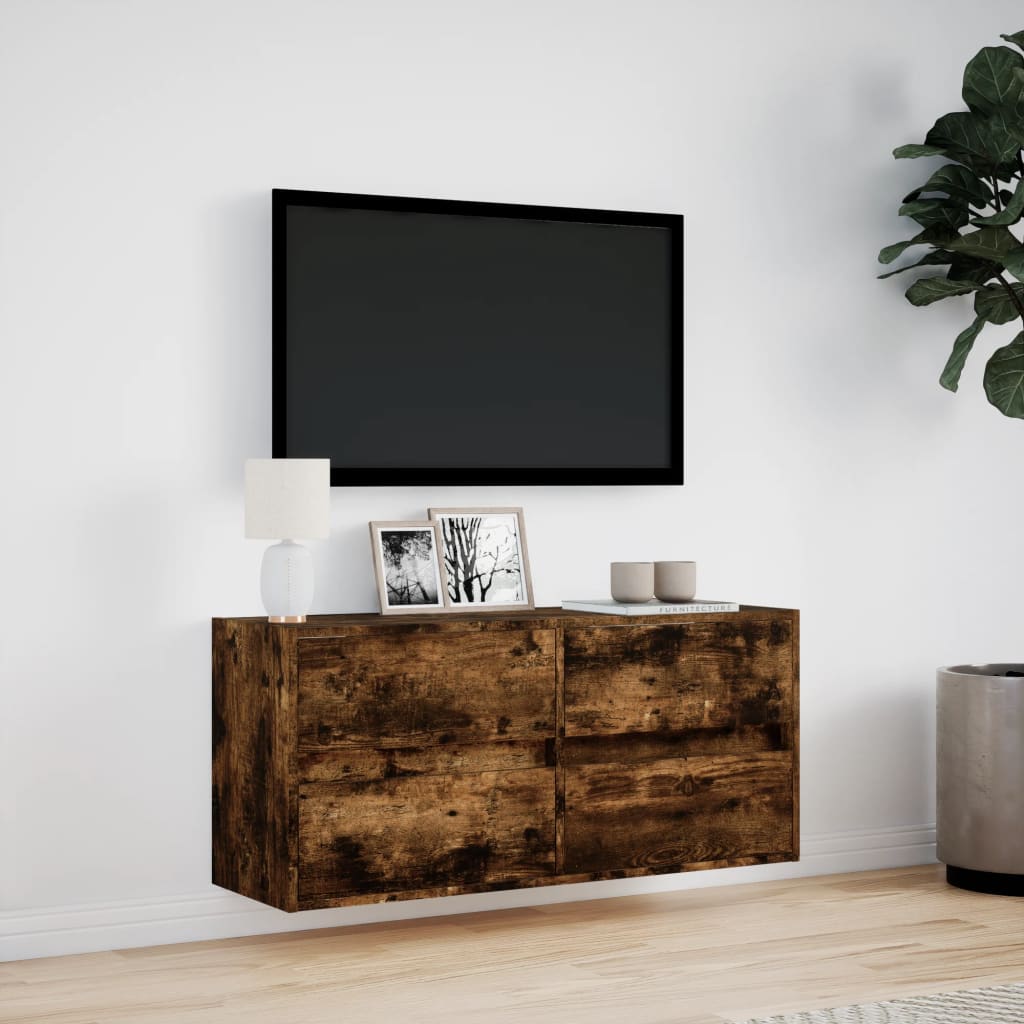 TV Wall Cabinet with LED Lights Smoked Oak 100x31x45 cm