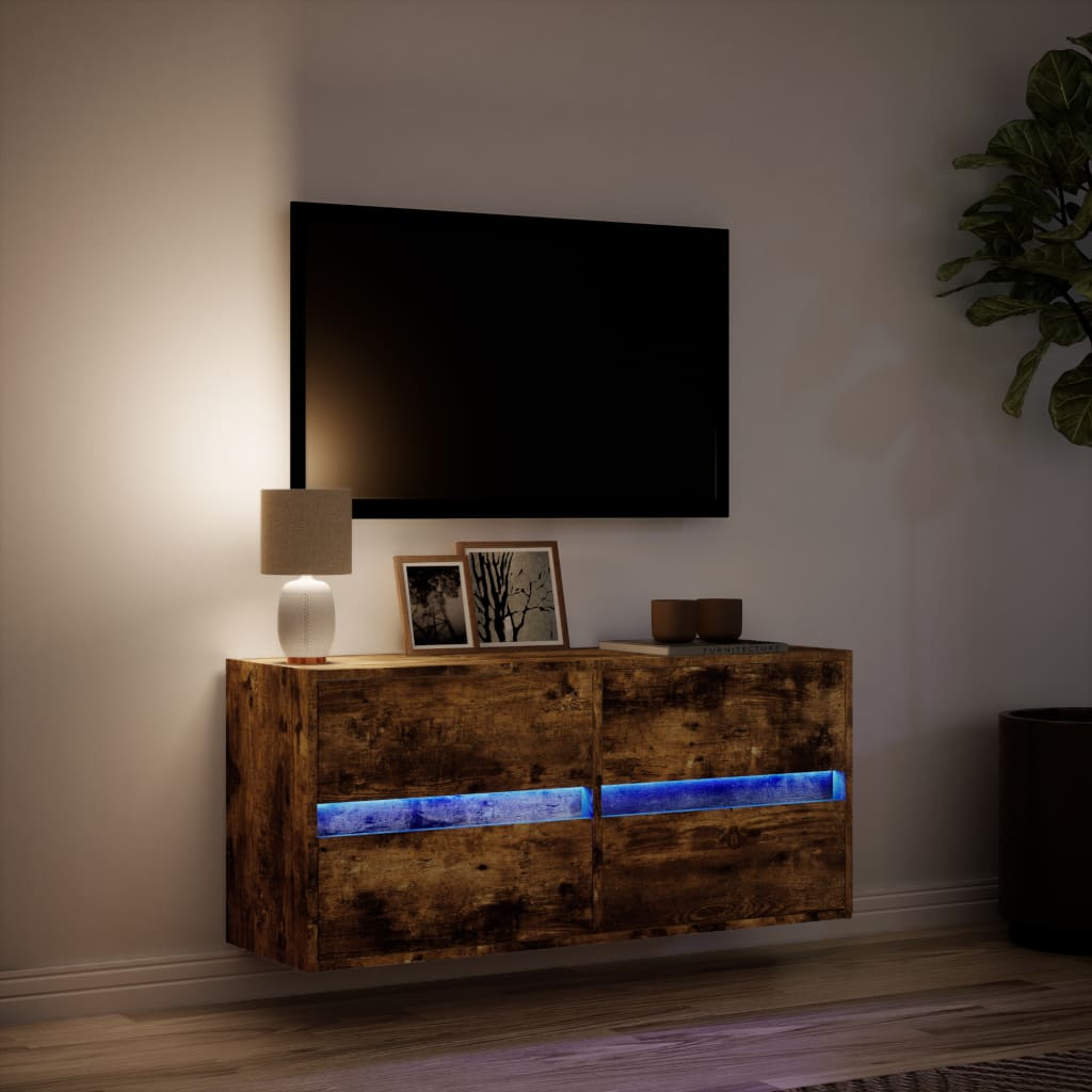 TV Wall Cabinet with LED Lights Smoked Oak 100x31x45 cm
