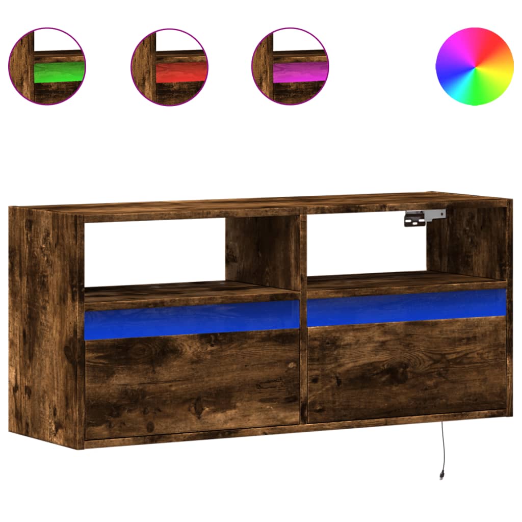 TV Wall Cabinet with LED Lights Smoked Oak 100x31x45 cm