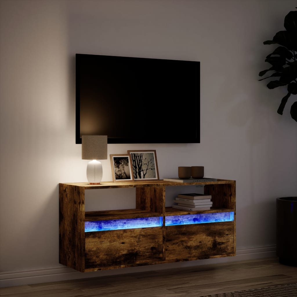 TV Wall Cabinet with LED Lights Smoked Oak 100x31x45 cm