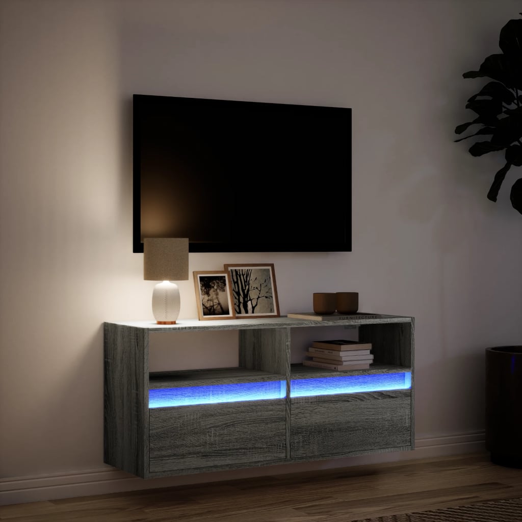 TV Wall Cabinet with LED Lights Grey Sonoma 100x31x45 cm