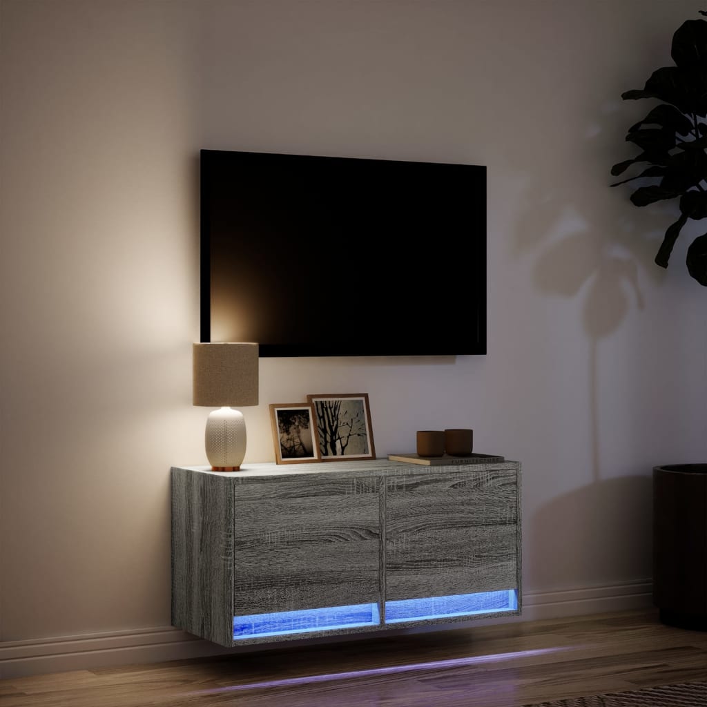 TV Wall Cabinet with LED Lights Grey Sonoma 80x31x35 cm
