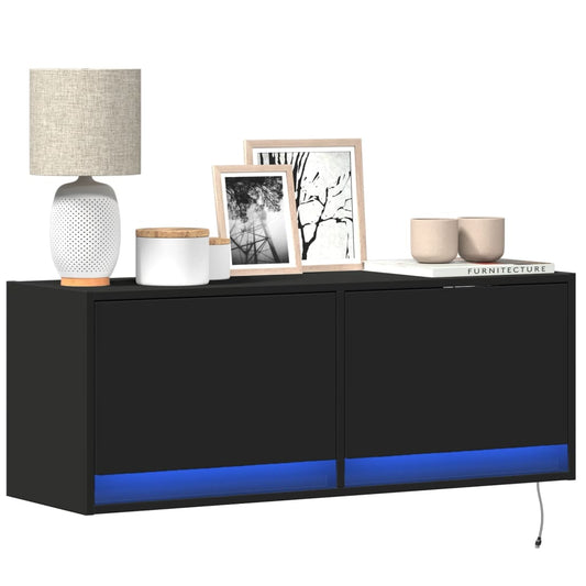 TV Wall Cabinet with LED Lights Black 100x31x35 cm