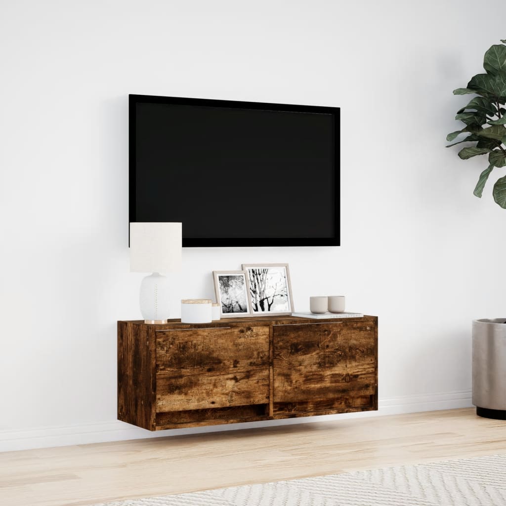 TV Wall Cabinet with LED Lights Smoked Oak 100x31x35 cm