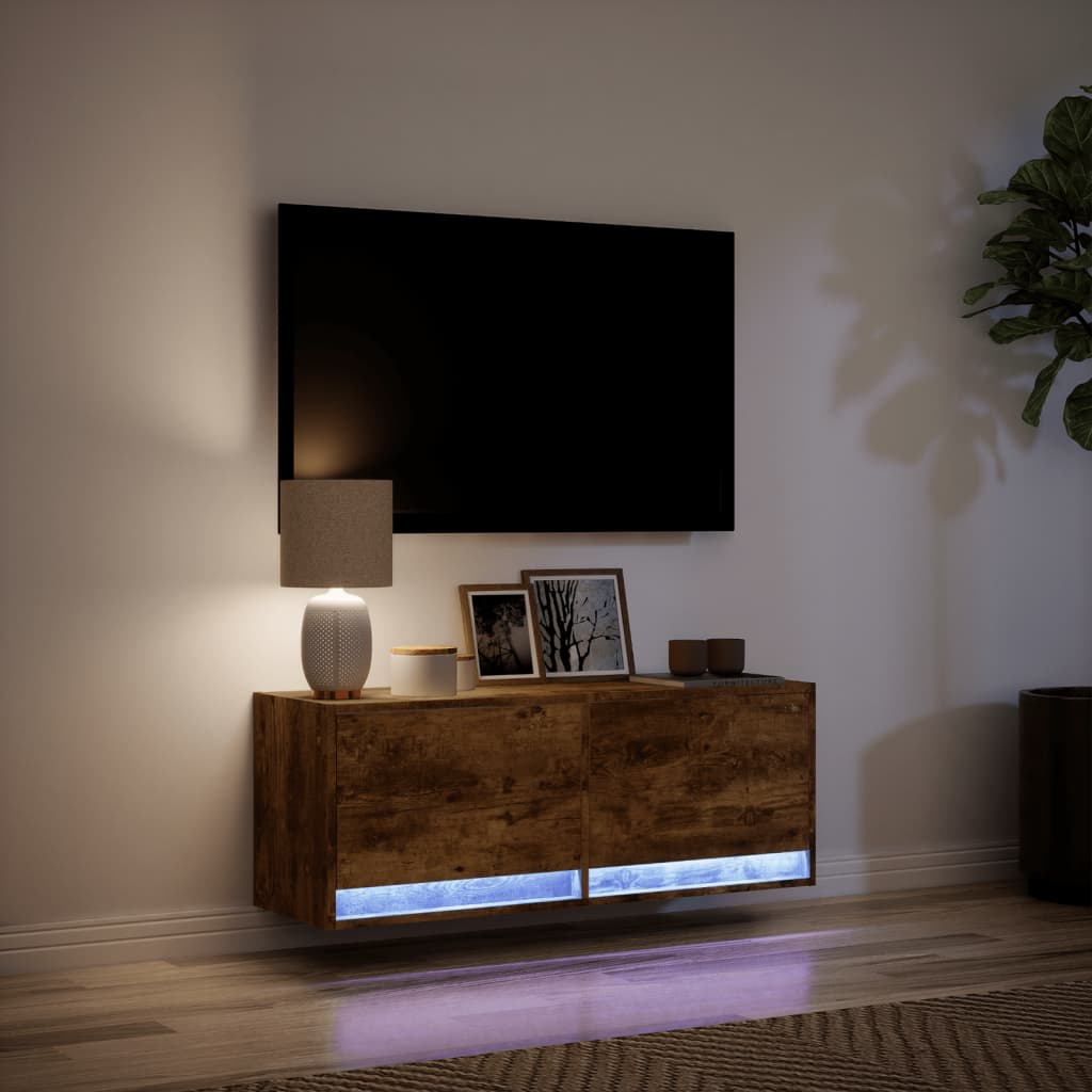 TV Wall Cabinet with LED Lights Smoked Oak 100x31x35 cm