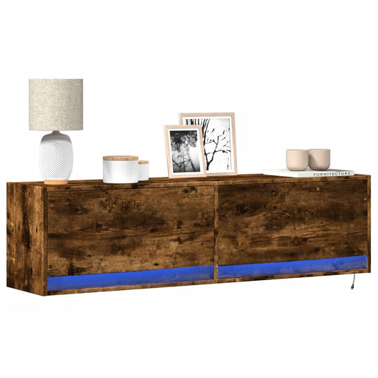 TV Wall Cabinet with LED Lights Smoked Oak 140x31x38 cm