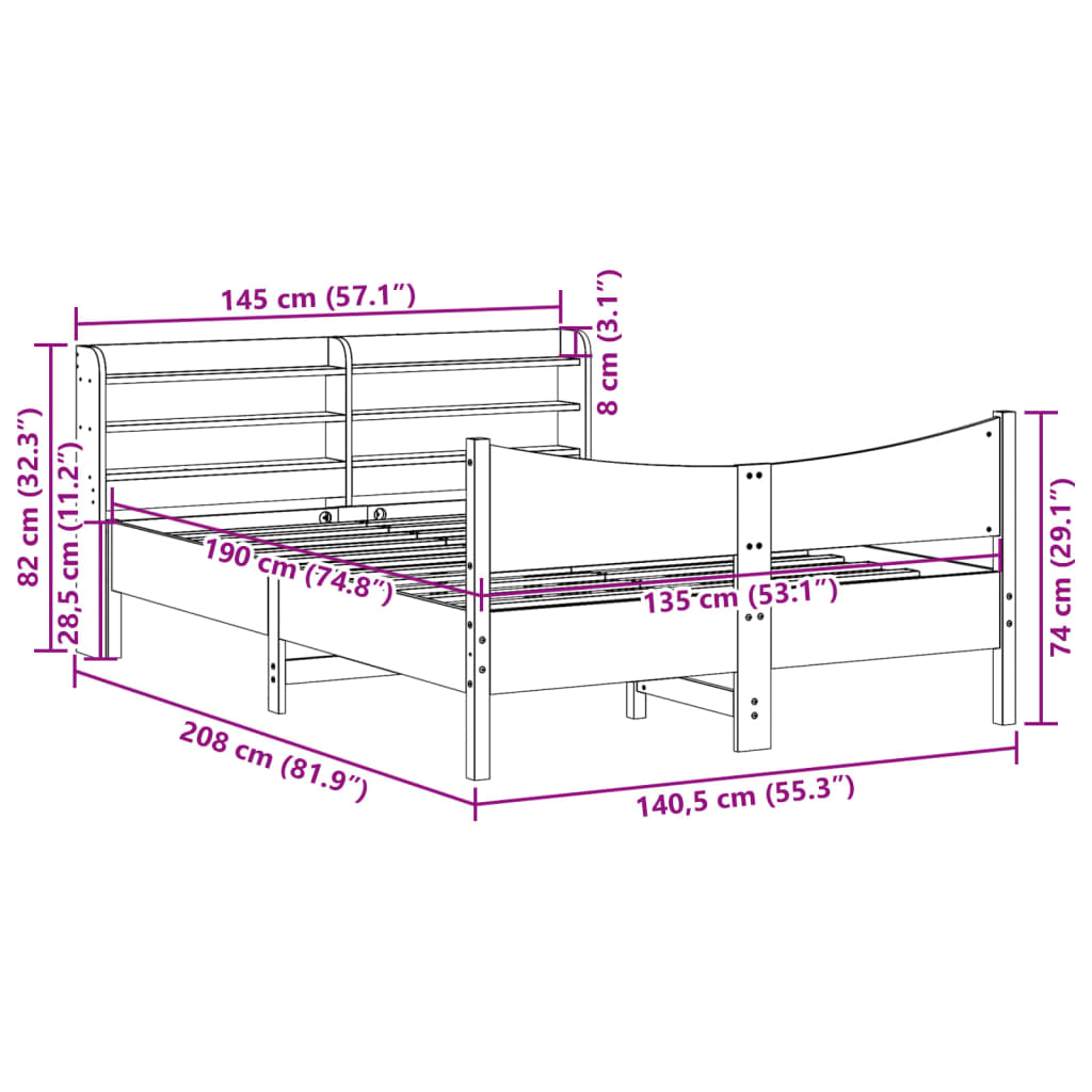 Bed Frame with Headboard 135x190 cm Double Solid Wood Pine