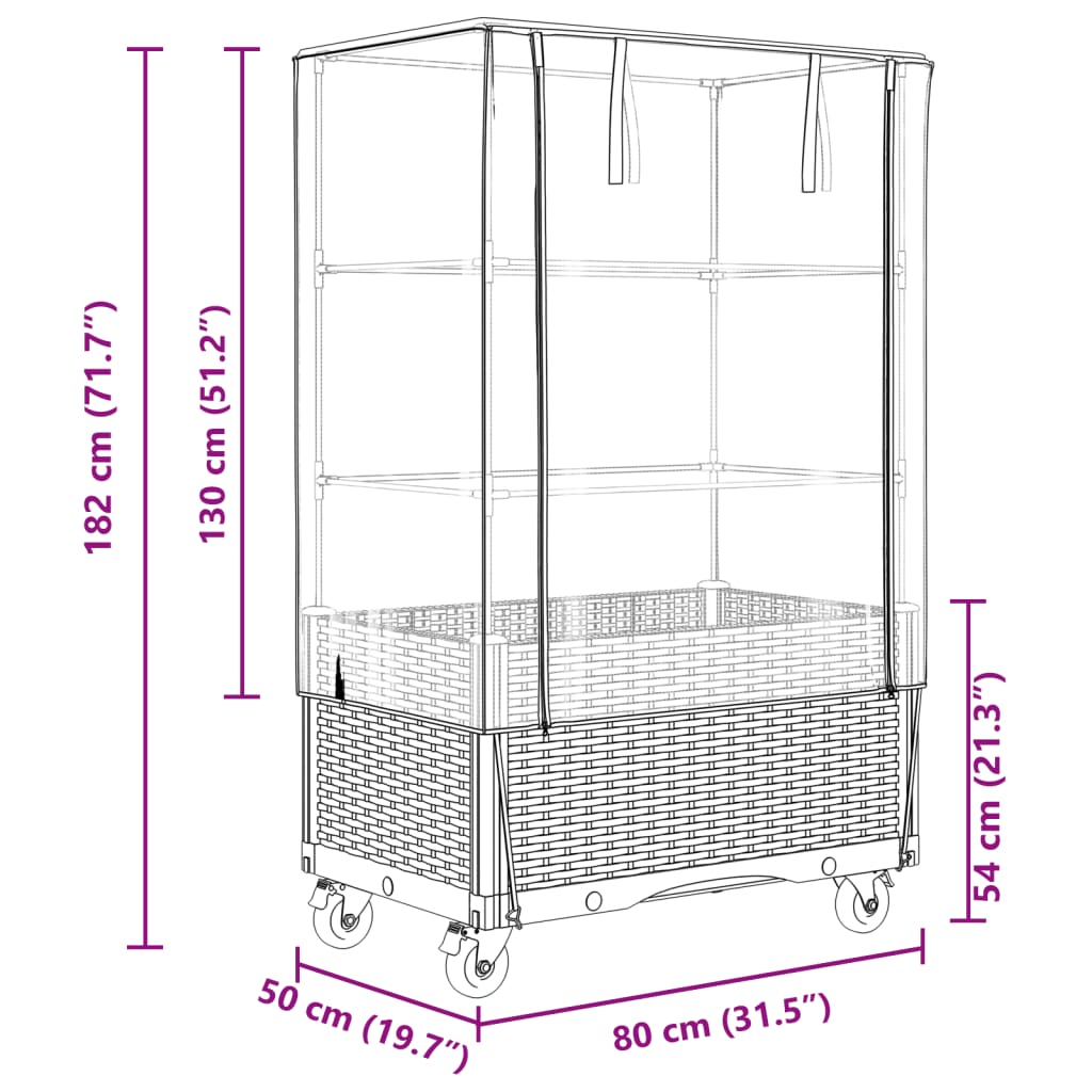 Raised Bed with Cover and Wheels Rattan Look 80x50x182 cm