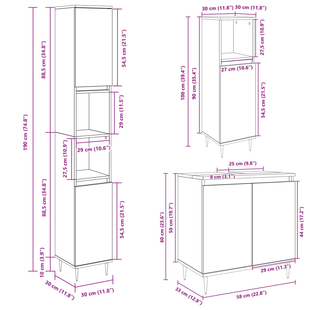 3 Piece Bathroom Furniture Set Sonoma Oak Engineered Wood