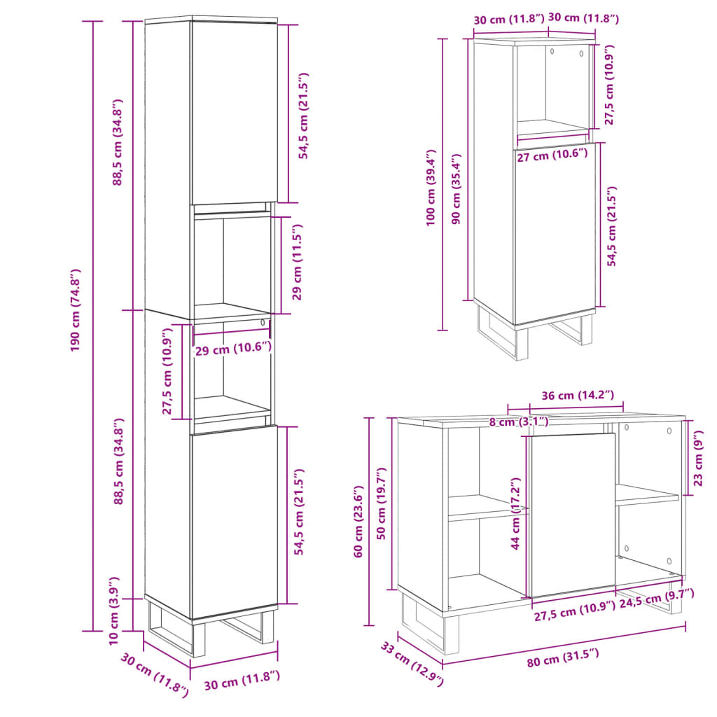 3 Piece Bathroom Furniture Set Sonoma Oak Engineered Wood