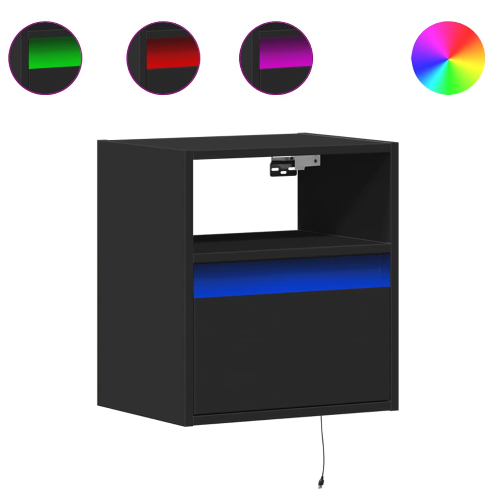 Wall-mounted Bedside Cabinet with LED Lights Black