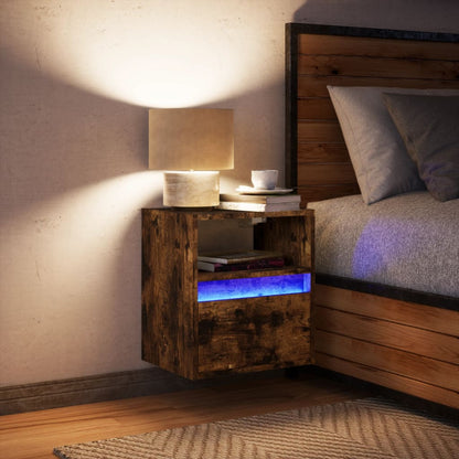 Wall-mounted Bedside Cabinet with LED Lights Smoked Oak