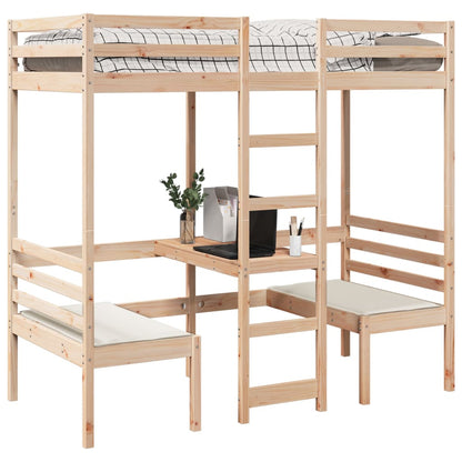 Loft Bed Frame with Desk and Chairs 75x190cm Solid Wood Pine