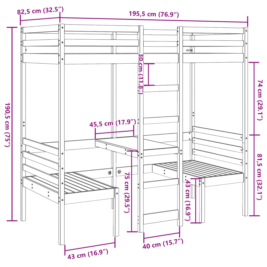 Loft Bed Frame with Desk and Chairs 75x190cm Solid Wood Pine