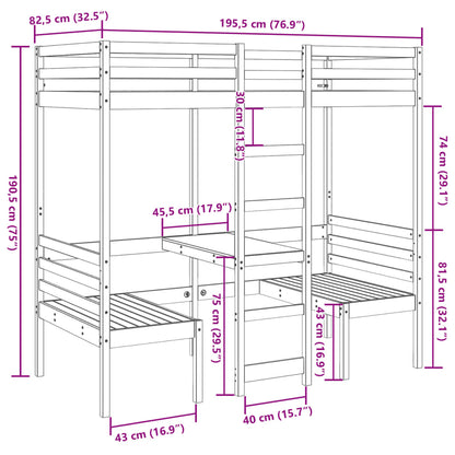Loft Bed Frame with Desk and Chairs Wax Brown 75x190cm Solid Wood Pine