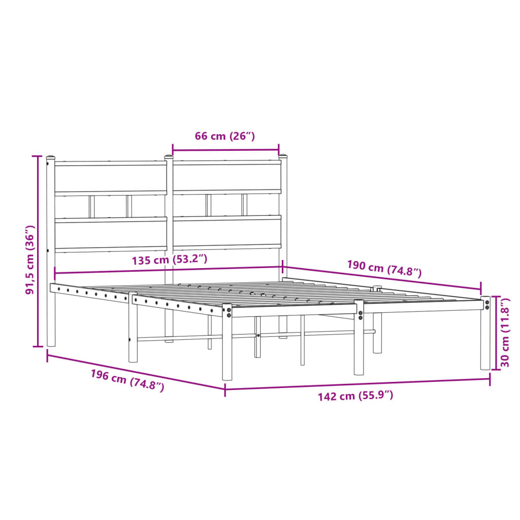 Metal Bed Frame without Mattress Sonoma Oak 135x190 cm Double