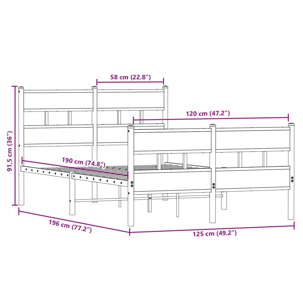 Metal Bed Frame without Mattress Sonoma Oak 120x190 cm Small Double